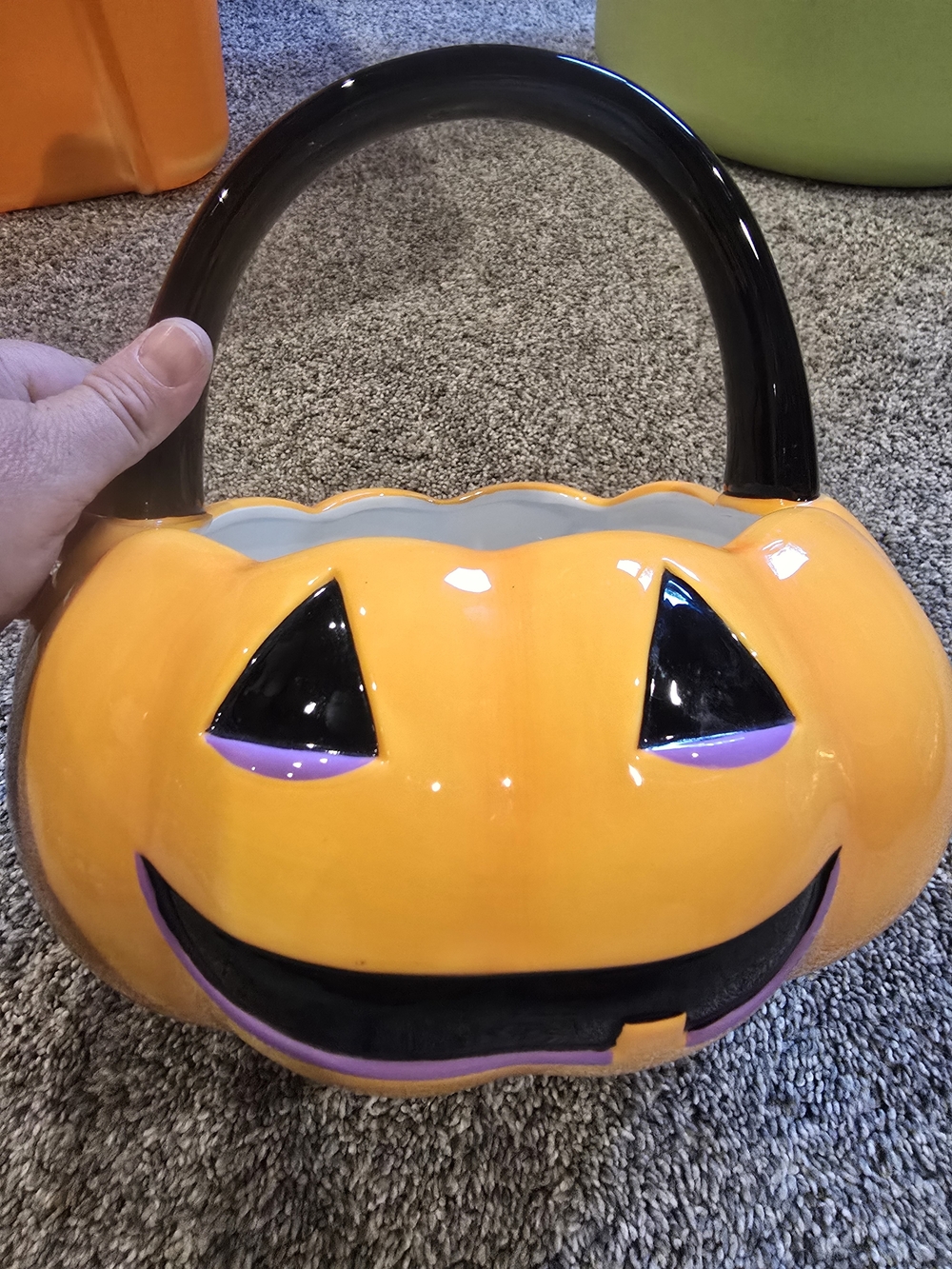 Ceramic Orange Pumpkin Treat Bowl with Black Handle